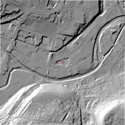 Shaded relief map of the ground around HD13FN, computed from Environment Agency LiDAR. The ground here sits at about 68 m above sea level and falls 55 m across the surrounding 800 m. Surface water reaching this point runs off ground lying to the west-north-west, 4.6 m higher.