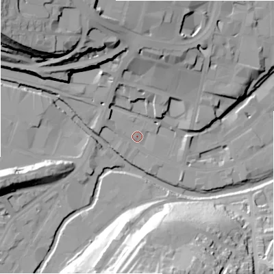 Shaded relief map of the ground around HD13FW, computed from Environment Agency LiDAR. The ground here sits at about 70 m above sea level and falls 49 m across the surrounding 800 m. Surface water reaching this point runs off ground lying to the west, 1.2 m higher.