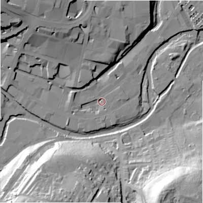 Shaded relief map of the ground around HD13FX, computed from Environment Agency LiDAR. The ground here sits at about 68 m above sea level and falls 57 m across the surrounding 800 m. Surface water reaching this point runs off ground lying to the north-north-west, 16.1 m higher.