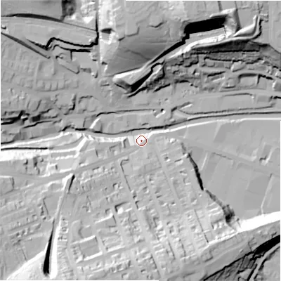 Shaded relief map of the ground around HD13JB, computed from Environment Agency LiDAR. The ground here sits at about 79 m above sea level and falls 59 m across the surrounding 800 m. Surface water reaching this point runs off ground lying to the north, 46.1 m higher.