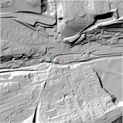 Shaded relief map of the ground around HD13JD, computed from Environment Agency LiDAR. The ground here sits at about 76 m above sea level and falls 59 m across the surrounding 800 m. Surface water reaching this point runs off ground lying to the north-north-east, 56.3 m higher.