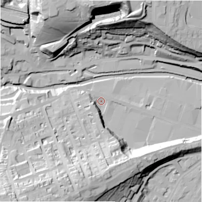 Shaded relief map of the ground around HD13LG, computed from Environment Agency LiDAR. The ground here sits at about 76 m above sea level and falls 60 m across the surrounding 800 m. Surface water reaching this point runs off ground lying to the south, 34.3 m higher.