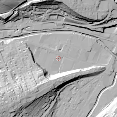 Shaded relief map of the ground around HD13LJ, computed from Environment Agency LiDAR. The ground here sits at about 74 m above sea level and falls 50 m across the surrounding 800 m. Surface water reaching this point runs off ground lying to the south-west, 35.4 m higher.