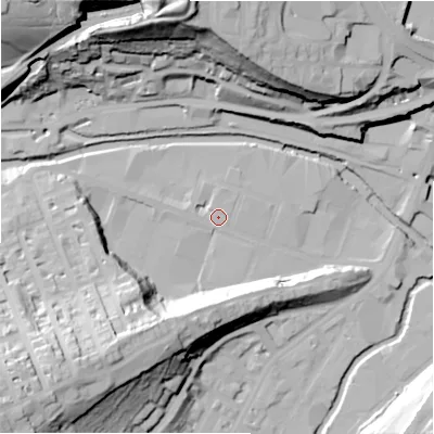 Shaded relief map of the ground around HD13LL, computed from Environment Agency LiDAR. The ground here sits at about 74 m above sea level and falls 58 m across the surrounding 800 m. Surface water reaching this point runs off ground lying to the north, 0.5 m higher.