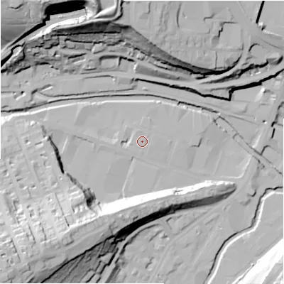 Shaded relief map of the ground around HD13LN, computed from Environment Agency LiDAR. The ground here sits at about 74 m above sea level and falls 62 m across the surrounding 800 m. Surface water reaching this point runs off ground lying to the north-north-west, 0.8 m higher.