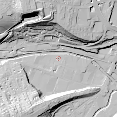 Shaded relief map of the ground around HD13LP, computed from Environment Agency LiDAR. The ground here sits at about 74 m above sea level and falls 63 m across the surrounding 800 m. The ground contributing surface water to this point lies to the east-south-east.