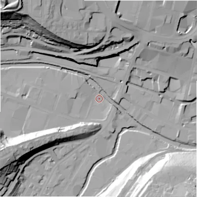 Shaded relief map of the ground around HD13LS, computed from Environment Agency LiDAR. The ground here sits at about 70 m above sea level and falls 60 m across the surrounding 800 m. Surface water reaching this point runs off ground lying to the west-south-west, 30.6 m higher.