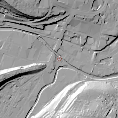 Shaded relief map of the ground around HD13PA, computed from Environment Agency LiDAR. The ground here sits at about 69 m above sea level and falls 49 m across the surrounding 800 m. Surface water reaching this point runs off ground lying to the north, 33.3 m higher.
