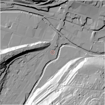 Shaded relief map of the ground around HD13PE, computed from Environment Agency LiDAR. The ground here sits at about 70 m above sea level and falls 55 m across the surrounding 800 m. Surface water reaching this point runs off ground lying to the north, 2.2 m higher.