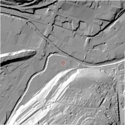 Shaded relief map of the ground around HD13PG, computed from Environment Agency LiDAR. The ground here sits at about 70 m above sea level and falls 56 m across the surrounding 800 m. Surface water reaching this point runs off ground lying to the south-south-west, 49.8 m higher.