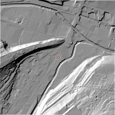 Shaded relief map of the ground around HD13PJ, computed from Environment Agency LiDAR. The ground here sits at about 71 m above sea level and falls 64 m across the surrounding 800 m. Surface water reaching this point runs off ground lying to the south-west, 2.8 m higher.