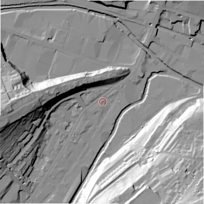 Shaded relief map of the ground around HD13PL, computed from Environment Agency LiDAR. The ground here sits at about 72 m above sea level and falls 64 m across the surrounding 800 m. Surface water reaching this point runs off ground lying to the west, 36.2 m higher.