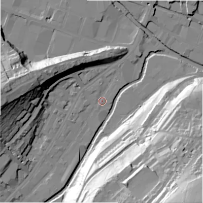 Shaded relief map of the ground around HD13PR, computed from Environment Agency LiDAR. The ground here sits at about 71 m above sea level and falls 78 m across the surrounding 800 m. Surface water reaching this point runs off ground lying to the west-south-west, 2.5 m higher.