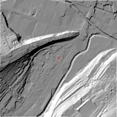 Shaded relief map of the ground around HD13PU, computed from Environment Agency LiDAR. The ground here sits at about 71 m above sea level and falls 73 m across the surrounding 800 m. Surface water reaching this point runs off ground lying to the south-west, 1.7 m higher.