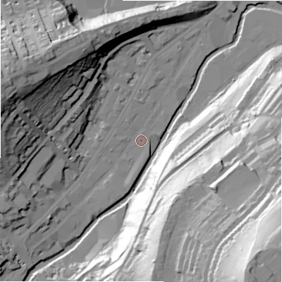 Shaded relief map of the ground around HD13PY, computed from Environment Agency LiDAR. The ground here sits at about 72 m above sea level and falls 94 m across the surrounding 800 m. Surface water reaching this point runs off ground lying to the south-west, 6.9 m higher.