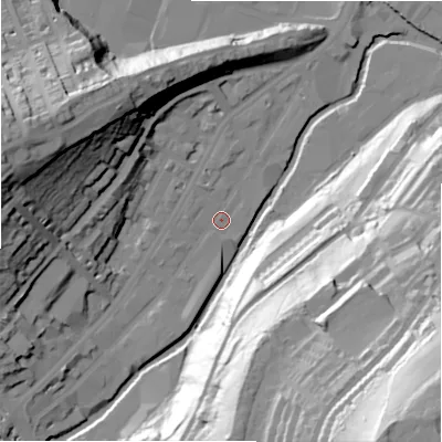 Shaded relief map of the ground around HD13PZ, computed from Environment Agency LiDAR. The ground here sits at about 71 m above sea level and falls 93 m across the surrounding 800 m. Surface water reaching this point runs off ground lying to the south-west, 7.4 m higher.