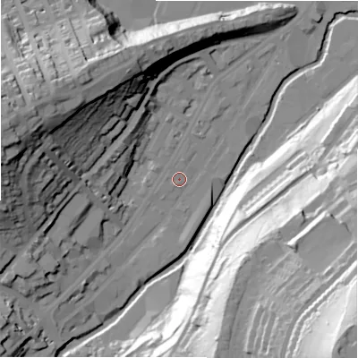Shaded relief map of the ground around HD13QB, computed from Environment Agency LiDAR. The ground here sits at about 72 m above sea level and falls 94 m across the surrounding 800 m. Surface water reaching this point runs off ground lying to the south-west, 6.8 m higher.