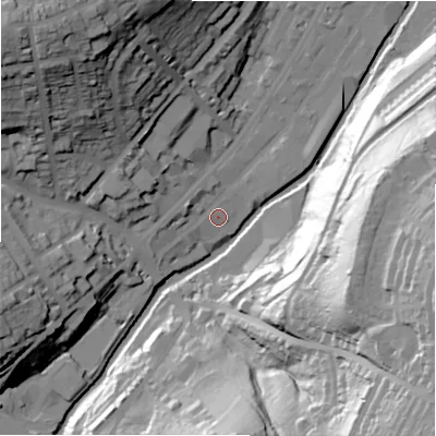 Shaded relief map of the ground around HD13QD, computed from Environment Agency LiDAR. The ground here sits at about 74 m above sea level and falls 66 m across the surrounding 800 m. Surface water reaching this point runs off ground lying to the west-north-west, 4.4 m higher.