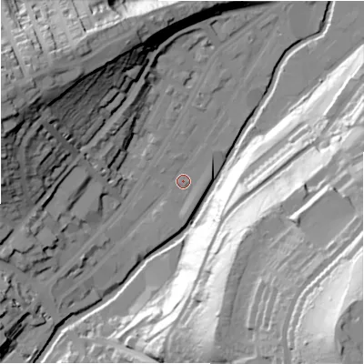 Shaded relief map of the ground around HD13QE, computed from Environment Agency LiDAR. The ground here sits at about 72 m above sea level and falls 94 m across the surrounding 800 m. Surface water reaching this point runs off ground lying to the south-west, 6.6 m higher.
