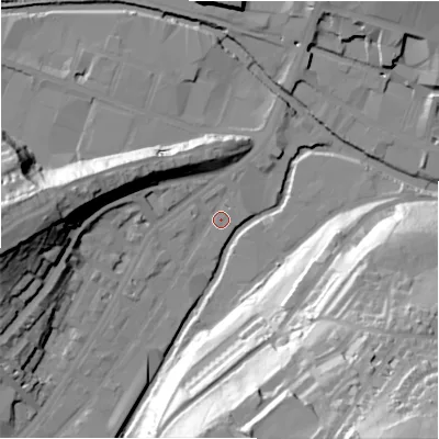 Shaded relief map of the ground around HD13QF, computed from Environment Agency LiDAR. The ground here sits at about 71 m above sea level and falls 68 m across the surrounding 800 m. Surface water reaching this point runs off ground lying to the south-west, 2.8 m higher.