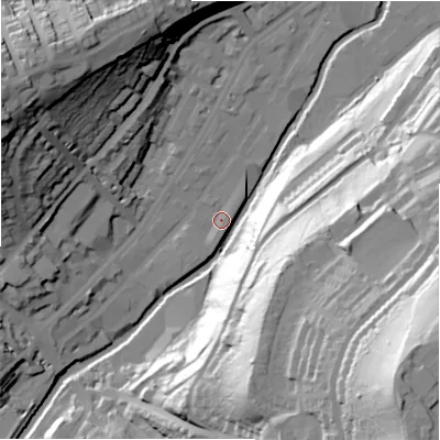 Shaded relief map of the ground around HD13QG, computed from Environment Agency LiDAR. The ground here sits at about 72 m above sea level and falls 94 m across the surrounding 800 m. Surface water reaching this point runs off ground lying to the west-south-west, 2.0 m higher.