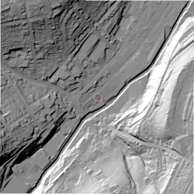 Shaded relief map of the ground around HD13QH, computed from Environment Agency LiDAR. The ground here sits at about 75 m above sea level and falls 64 m across the surrounding 800 m. Surface water reaching this point runs off ground lying to the west-south-west, 4.5 m higher.