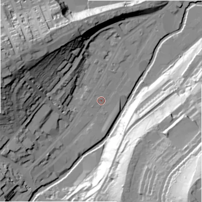 Shaded relief map of the ground around HD13QL, computed from Environment Agency LiDAR. The ground here sits at about 72 m above sea level and falls 94 m across the surrounding 800 m. Surface water reaching this point runs off ground lying to the south-west, 6.8 m higher.