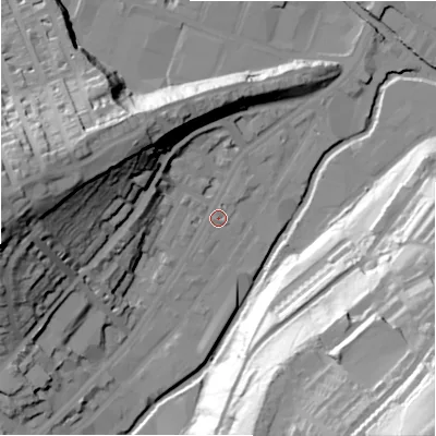 Shaded relief map of the ground around HD13QU, computed from Environment Agency LiDAR. The ground here sits at about 72 m above sea level and falls 88 m across the surrounding 800 m. Surface water reaching this point runs off ground lying to the west, 40.7 m higher.