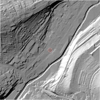 Shaded relief map of the ground around HD13QW, computed from Environment Agency LiDAR. The ground here sits at about 73 m above sea level and falls 86 m across the surrounding 800 m. Surface water reaching this point runs off ground lying to the south-west, 6.0 m higher.
