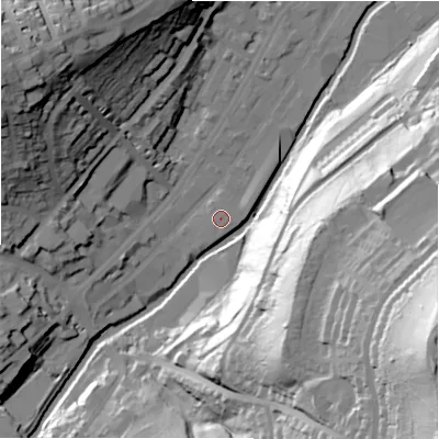 Shaded relief map of the ground around HD13RE, computed from Environment Agency LiDAR. The ground here sits at about 74 m above sea level and falls 94 m across the surrounding 800 m. The ground contributing surface water to this point lies to the north-north-east.