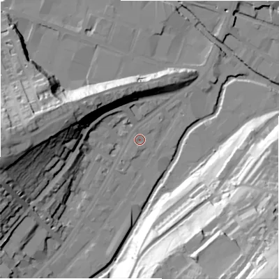 Shaded relief map of the ground around HD13RG, computed from Environment Agency LiDAR. The ground here sits at about 71 m above sea level and falls 76 m across the surrounding 800 m. Surface water reaching this point runs off ground lying to the south-west, 1.8 m higher.