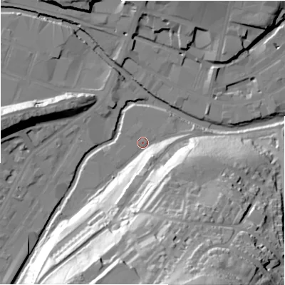Shaded relief map of the ground around HD13RR, computed from Environment Agency LiDAR. The ground here sits at about 71 m above sea level and falls 65 m across the surrounding 800 m. Surface water reaching this point runs off ground lying to the south-south-west, 22.9 m higher.