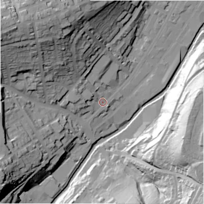 Shaded relief map of the ground around HD13TG, computed from Environment Agency LiDAR. The ground here sits at about 78 m above sea level and falls 60 m across the surrounding 800 m. Surface water reaching this point runs off ground lying to the west, 9.2 m higher.