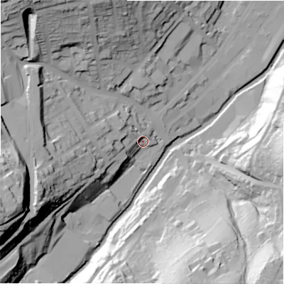 Shaded relief map of the ground around HD13XH, computed from Environment Agency LiDAR. The ground here sits at about 77 m above sea level and falls 64 m across the surrounding 800 m. Surface water reaching this point runs off ground lying to the west-south-west, 32.4 m higher.
