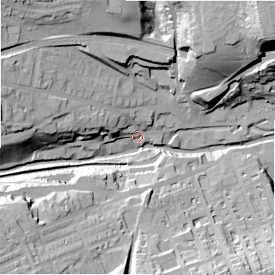Shaded relief map of the ground around HD14RZ, computed from Environment Agency LiDAR. The ground here sits at about 79 m above sea level and falls 58 m across the surrounding 800 m. Surface water reaching this point runs off ground lying to the west-north-west, 25.9 m higher.