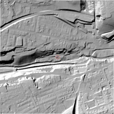 Shaded relief map of the ground around HD14SD, computed from Environment Agency LiDAR. The ground here sits at about 81 m above sea level and falls 57 m across the surrounding 800 m. Surface water reaching this point runs off ground lying to the north-west, 28.4 m higher.