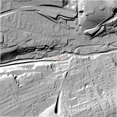 Shaded relief map of the ground around HD14SF, computed from Environment Agency LiDAR. The ground here sits at about 79 m above sea level and falls 58 m across the surrounding 800 m. Surface water reaching this point runs off ground lying to the south-west, 46.8 m higher.