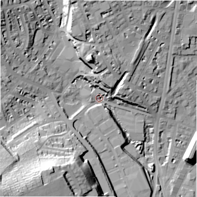 Shaded relief map of the ground around HD15EB, computed from Environment Agency LiDAR. The ground here sits at about 76 m above sea level and falls 55 m across the surrounding 800 m. Surface water reaching this point runs off ground lying to the south-west, 49.9 m higher.