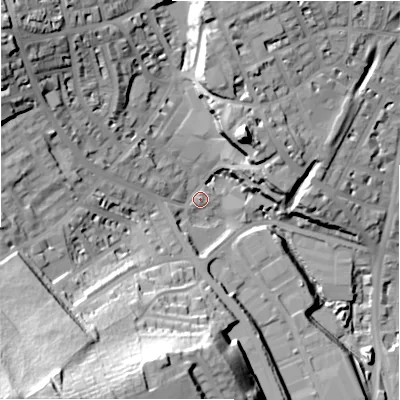 Shaded relief map of the ground around HD15EH, computed from Environment Agency LiDAR. The ground here sits at about 80 m above sea level and falls 55 m across the surrounding 800 m. Surface water reaching this point runs off ground lying to the south-west, 43.9 m higher.
