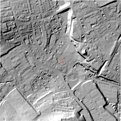 Shaded relief map of the ground around HD15EP, computed from Environment Agency LiDAR. The ground here sits at about 82 m above sea level and falls 50 m across the surrounding 800 m. Surface water reaching this point runs off ground lying to the west, 10.4 m higher.