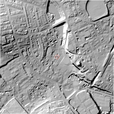 Shaded relief map of the ground around HD15ET, computed from Environment Agency LiDAR. The ground here sits at about 82 m above sea level and falls 49 m across the surrounding 800 m. Surface water reaching this point runs off ground lying to the north-west, 16.4 m higher.