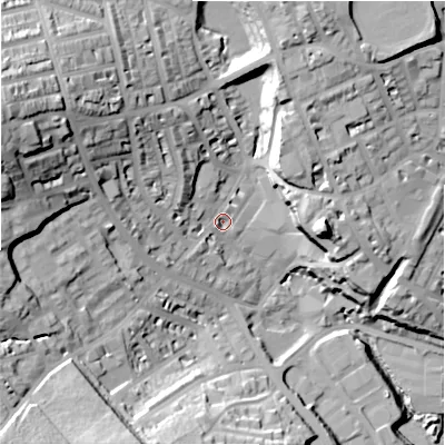 Shaded relief map of the ground around HD15HU, computed from Environment Agency LiDAR. The ground here sits at about 82 m above sea level and falls 50 m across the surrounding 800 m. Surface water reaching this point runs off ground lying to the west-north-west, 37.4 m higher.