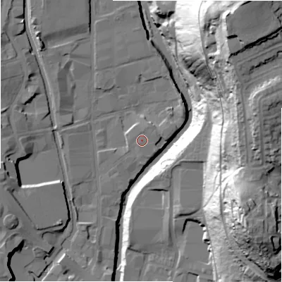 Shaded relief map of the ground around HD16AG, computed from Environment Agency LiDAR. The ground here sits at about 63 m above sea level and falls 72 m across the surrounding 800 m. Surface water reaching this point runs off ground lying to the south-west, 0.5 m higher.