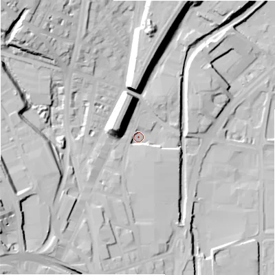 Shaded relief map of the ground around HD16BR, computed from Environment Agency LiDAR. The ground here sits at about 66 m above sea level and falls 31 m across the surrounding 800 m. Surface water reaching this point runs off ground lying to the west-north-west, 17.6 m higher.