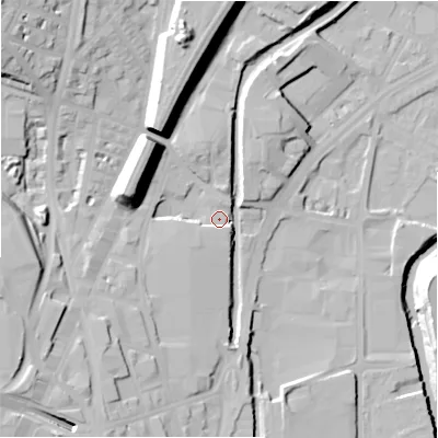 Shaded relief map of the ground around HD16BT, computed from Environment Agency LiDAR. The ground here sits at about 66 m above sea level and falls 29 m across the surrounding 800 m. Surface water reaching this point runs off ground lying to the north, 21.7 m higher.