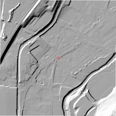 Shaded relief map of the ground around HD16DD, computed from Environment Agency LiDAR. The ground here sits at about 60 m above sea level and falls 56 m across the surrounding 800 m. Surface water reaching this point runs off ground lying to the west-south-west, 10.3 m higher.