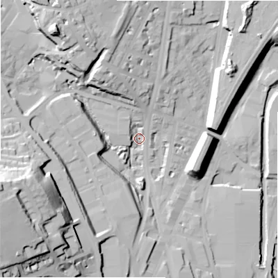 Shaded relief map of the ground around HD16DZ, computed from Environment Agency LiDAR. The ground here sits at about 70 m above sea level and falls 49 m across the surrounding 800 m. Surface water reaching this point runs off ground lying to the west-south-west, 44.1 m higher.