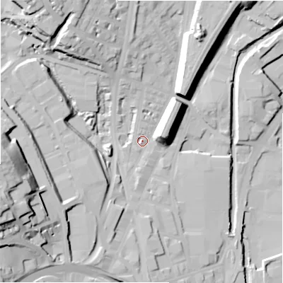Shaded relief map of the ground around HD16JA, computed from Environment Agency LiDAR. The ground here sits at about 70 m above sea level and falls 45 m across the surrounding 800 m. Surface water reaching this point runs off ground lying to the west-south-west, 31.2 m higher.