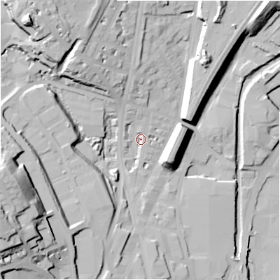 Shaded relief map of the ground around HD16JB, computed from Environment Agency LiDAR. The ground here sits at about 69 m above sea level and falls 46 m across the surrounding 800 m. Surface water reaching this point runs off ground lying to the south-west, 31.2 m higher.