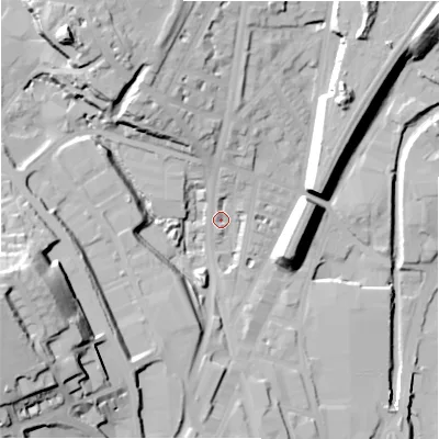 Shaded relief map of the ground around HD16JE, computed from Environment Agency LiDAR. The ground here sits at about 70 m above sea level and falls 47 m across the surrounding 800 m. Surface water reaching this point runs off ground lying to the west-south-west, 41.9 m higher.